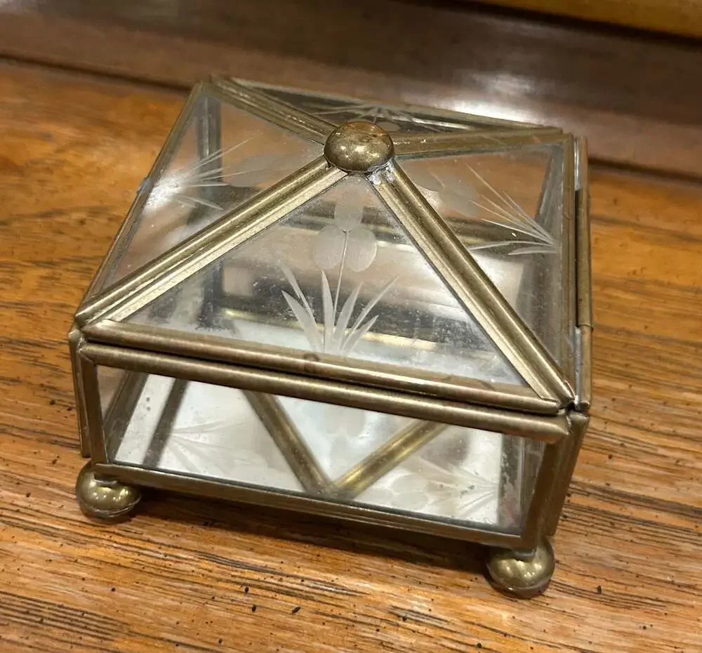 Vintage Brass and Etched Glass Footed Trinket Box with Mirrored Bottom